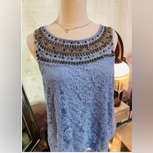 BKE Tops - BKE Light Blue Lace Tank with Beaded Neckline